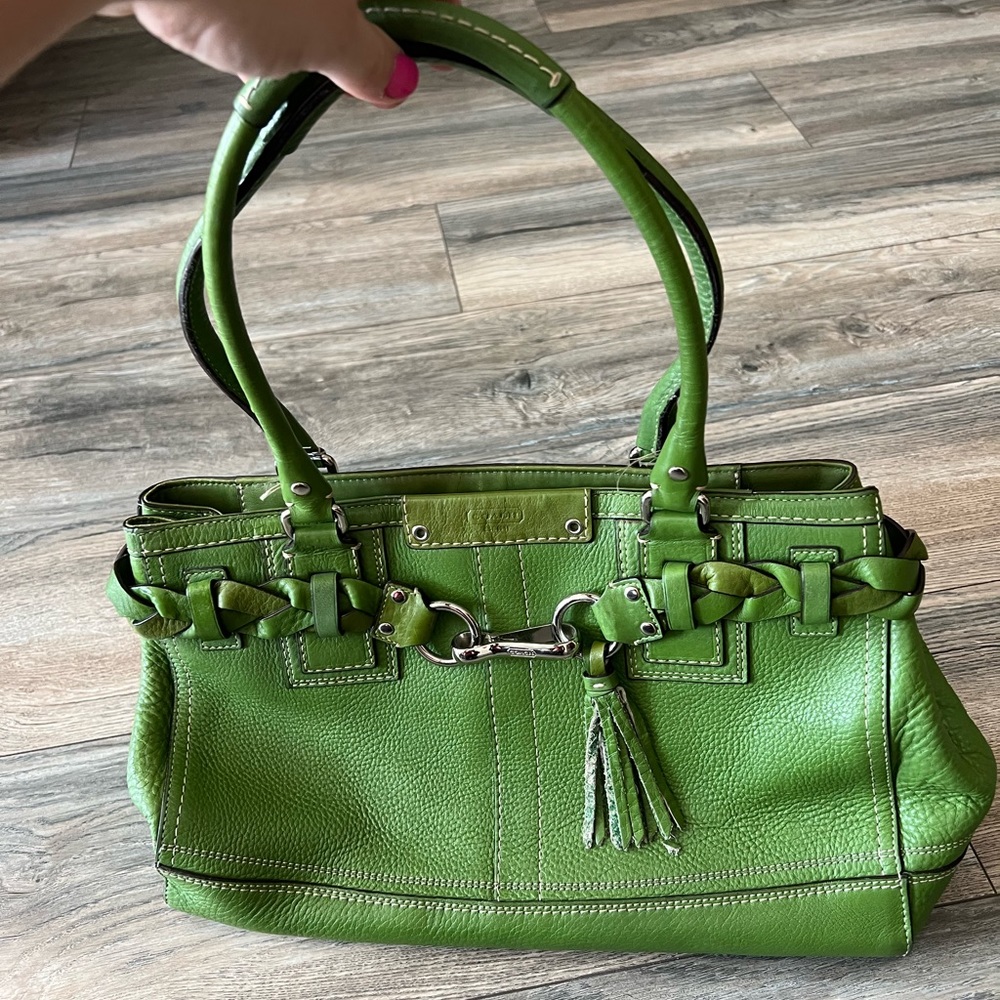 Coach Hampton F13087 Braided Trim Tassel Green Pebble Leather Satchel Handbag